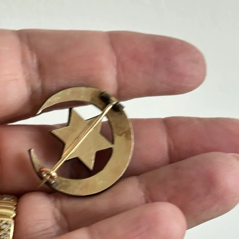 Antique Bohemian Garnet Brooch With Crescent Moon And Star Sun Motif Celestial